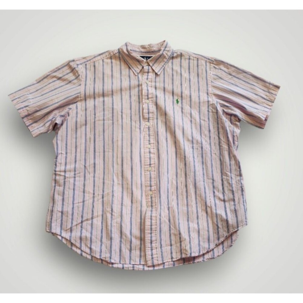VTG Ralph Lauren Mens XXL Pink Striped Button Down Shirt Short Sleeve Green Pony
